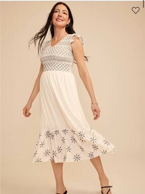 Maurices Cream Midi Dress with Navy Geometric Embroidery